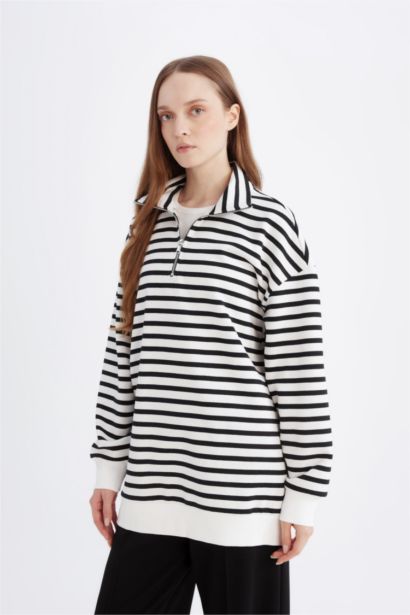 Relax Fit Dik Yaka Fermuarlı Çizgili İçi Yumuşak Tüylü Kalın Sweatshirt Tunik