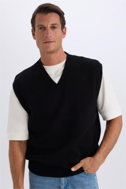 Standart Fit V Yaka Triko Basic Düz Süveter