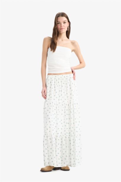 Floral Crinkle Viscose Cotton Lined High Waist Maxi Skirt