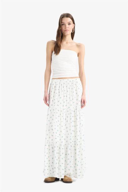 Floral Crinkle Viscose Cotton Lined High Waist Maxi Skirt