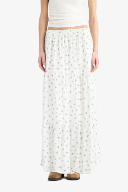 Floral Crinkle Viscose Cotton Lined High Waist Maxi Skirt