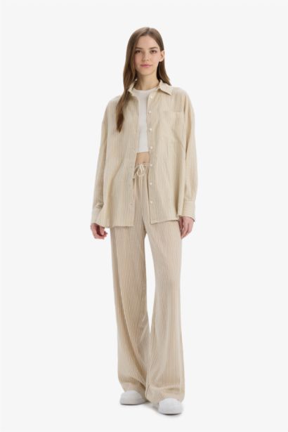 Wide Leg Double Pocket Striped Linen Blended Trousers