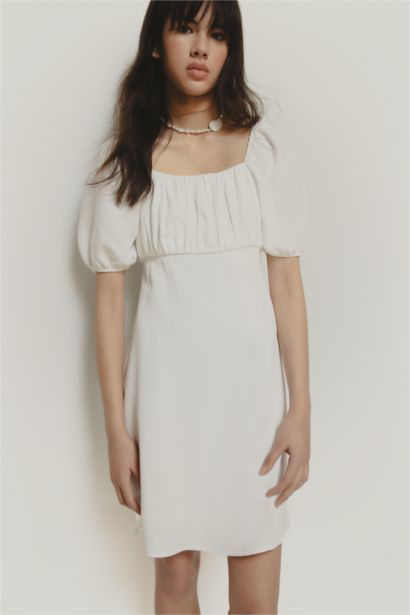 Kare Yaka Keten Karışımlı Kısa Kollu Midi Yazlık Elbise