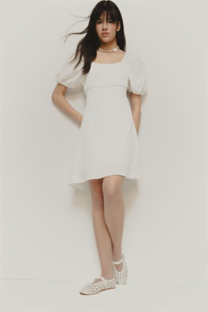 Kare Yaka Keten Karışımlı Kısa Kollu Midi Yazlık Elbise