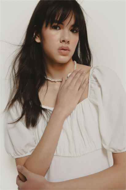 Kare Yaka Keten Karışımlı Kısa Kollu Midi Yazlık Elbise