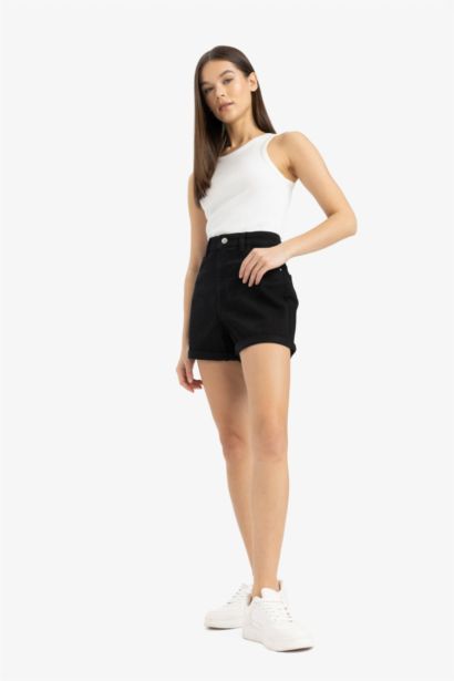 %100 Pamuk Mom Fıt Yüksek Bel Jean Şort