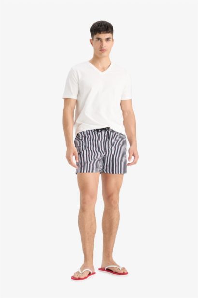 Mesh Lined Short Length Striped Swim Shorts