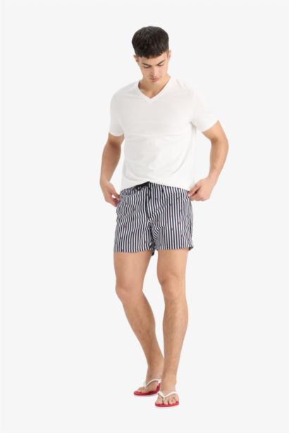 Mesh Lined Short Length Striped Swim Shorts