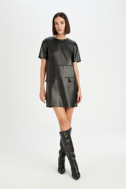 A Cut Round Collar Faux Leather Mini Dress