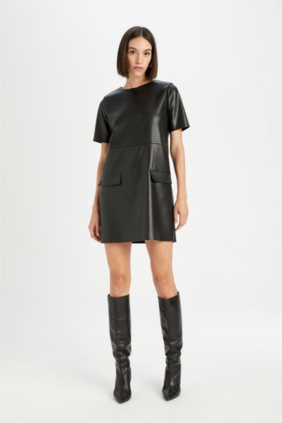 A Cut Round Collar Faux Leather Mini Dress