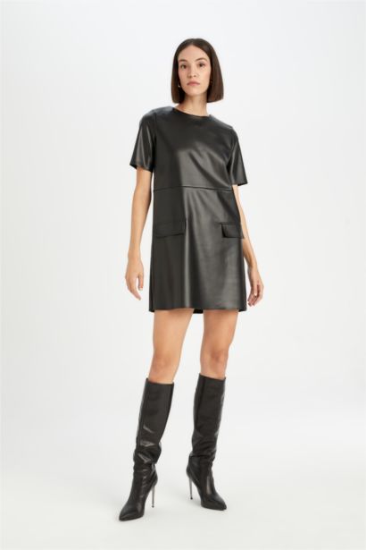 A Cut Round Collar Faux Leather Mini Dress