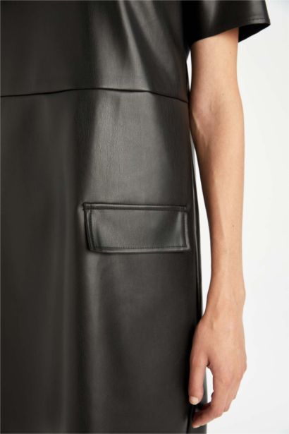 A Cut Round Collar Faux Leather Mini Dress