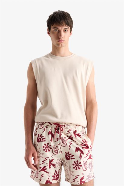 Patterned Mesh Lined Short Length Swim Shorts