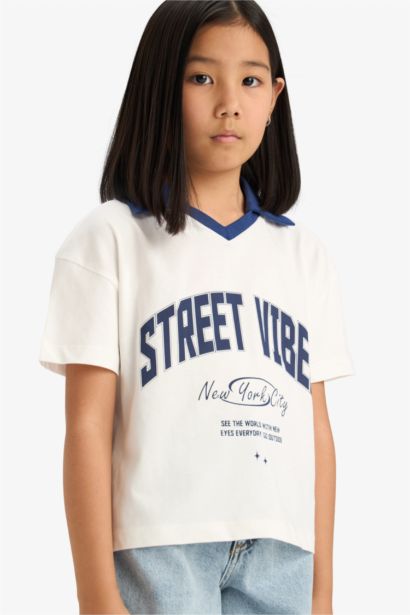 Girl Boxy Fit Slogan Printed Polo T-Shirt