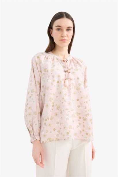 Relax Fit Bağcıklı Yaka Desenli Uzun Kollu Tesettür Gömlek Tunik