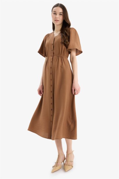 A Kesim V Yaka Kısa Kollu Midi Elbise