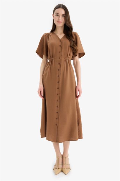 A Kesim V Yaka Kısa Kollu Midi Elbise