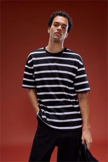 Cotton Boxy Fit Crew Neck Striped T-Shirt