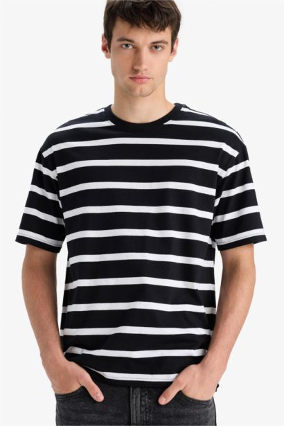 Cotton Boxy Fit Crew Neck Striped T-Shirt