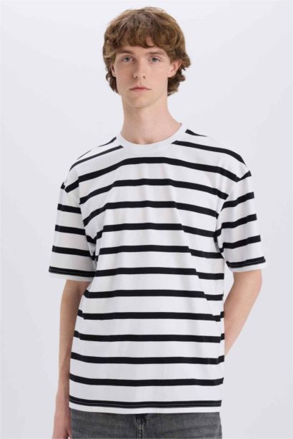 Cotton Boxy Fit Crew Neck Striped T-Shirt