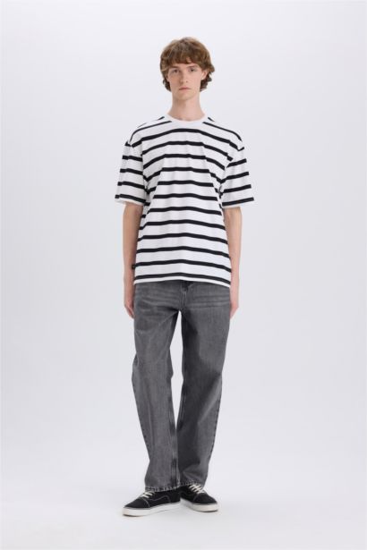 Cotton Boxy Fit Crew Neck Striped T-Shirt