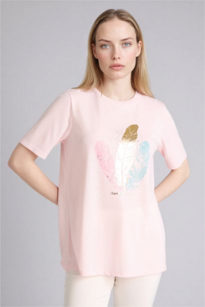 Regular Fit дөңгелек жағалы баспалы қысқа жеңді футболка