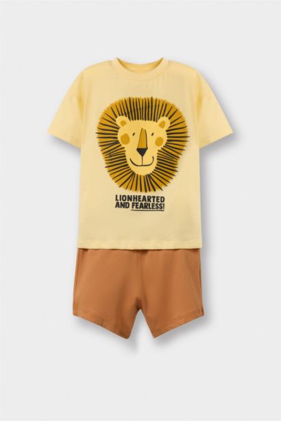 2'li Takım Aslan Baskılı Kısa Kollu Tişört Beli Lastikli Şort Erkek Bebek