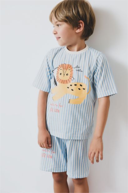 %100 Pamuklu Çizgili Aslan Baskılı Beli Lastikli Pijama Takımı Erkek Bebek