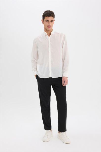 قميص بولو ابيض كم طويل مودرن فيت ذو مظهر كتان