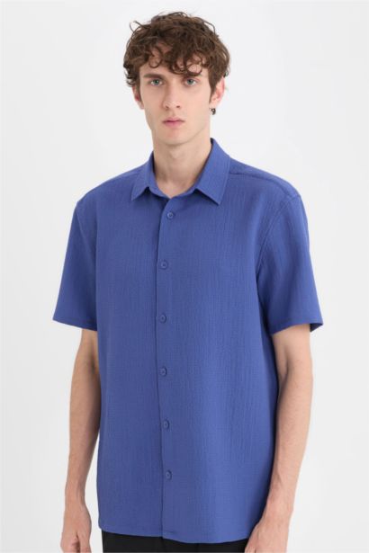 Regular Fit Polo Collar Crinkle Short Sleeve Shirt