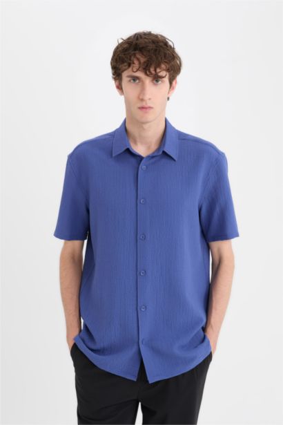 Regular Fit Polo Collar Crinkle Short Sleeve Shirt