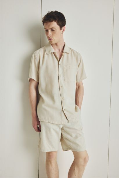 Relax Fit Polo Neck Short Sleeve Linen Look Shirt