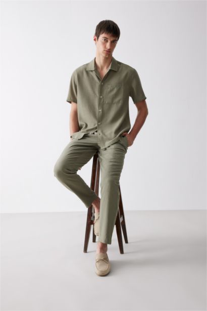 Relax Fit Polo Neck Linen Look Summer Shirt