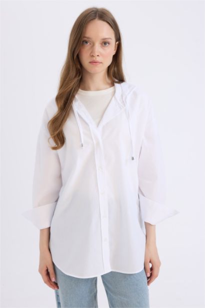 Relax Fit Kapüşonlu Basic Düz Poplin Uzun Kollu Beyaz Tesettür Gömlek Tunik
