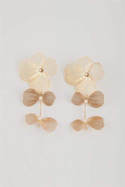 Woman Flower Motif Matte Gold Earrings
