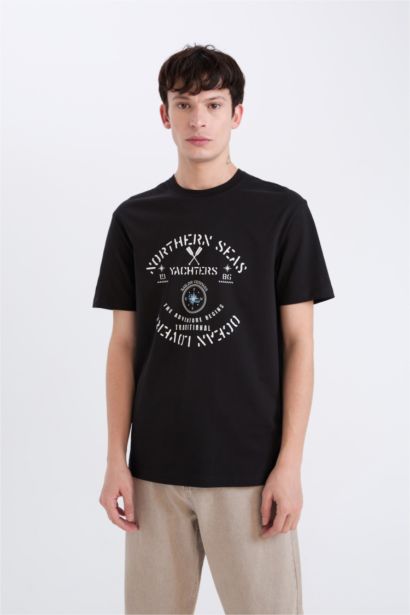 تيشيرت قطن نص كم قصة عادية بحري بياقة مستديرة