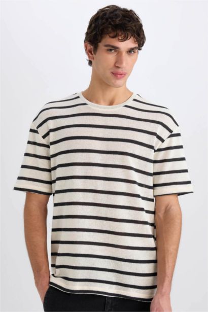 Boxy Fit Bisiklet Yaka Çizgili Kısa Kollu Tişört