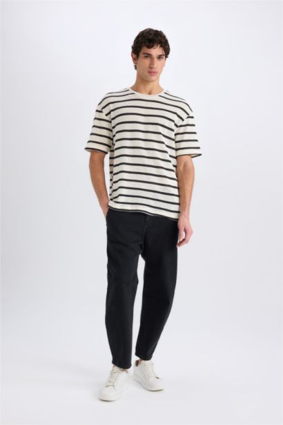 Boxy Fit Bisiklet Yaka Çizgili Kısa Kollu Tişört