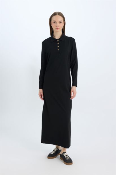 Regular Fit Shirt Collar Basic Pique Maxi Dress