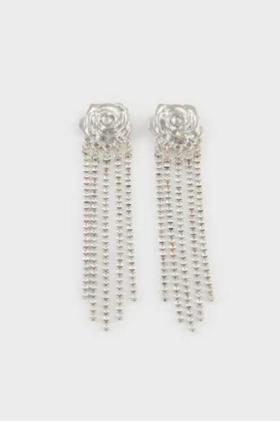 Kadın Gül Detaylı Taşlı Sallantılı Silver Küpe