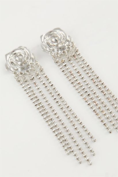 Kadın Gül Detaylı Taşlı Sallantılı Silver Küpe