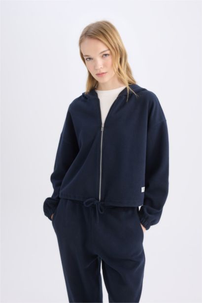 Loose Fit Basic Hooded Zippered Sweatshirt