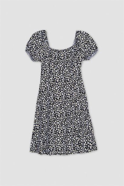 فستان قصير نص كم فلورال بياقة مربعة