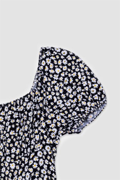 فستان قصير نص كم فلورال بياقة مربعة