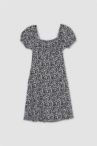 فستان قصير نص كم فلورال بياقة مربعة