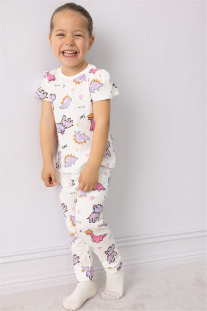 Baby Girl Dinosaur Printed Cotton Top Bottom 2 Piece Pajama Set
