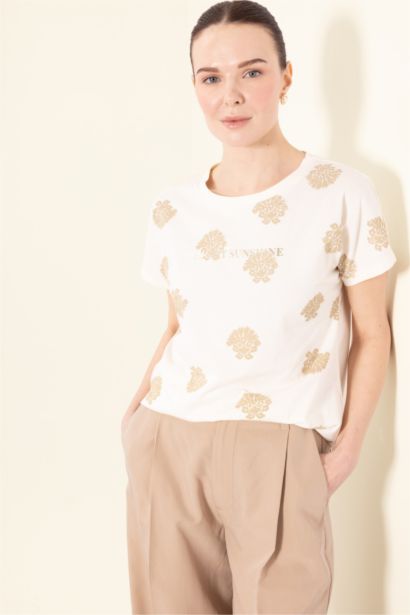 Crew Neck Patterned Short Sleeve T-Shirt