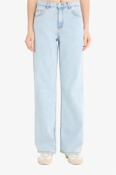 %100 Pamuk Straight Wide Yüksek Bel Jean Pantolon