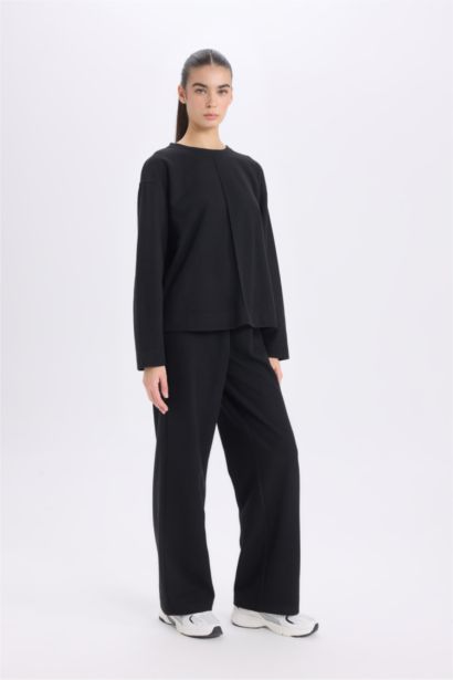 Long Sleeve Basic Top Wide Leg Bottom 2 Piece Set