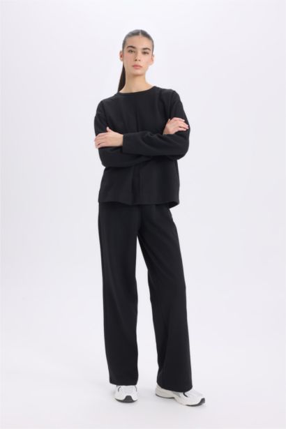 Long Sleeve Basic Top Wide Leg Bottom 2 Piece Set